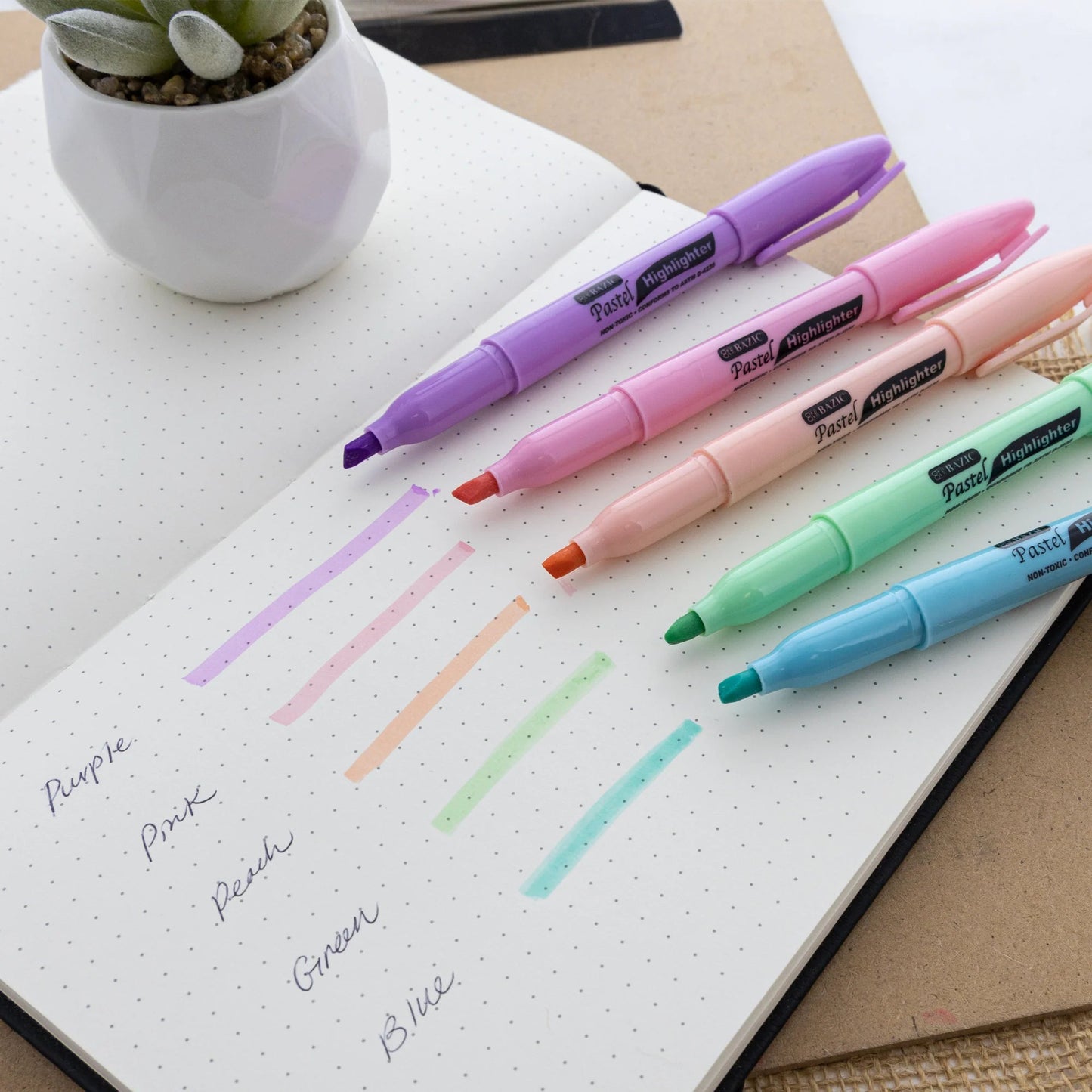 Pen Style Pastel Assorted Colors Highlighter w/ Pocket Clip (5/Pack)